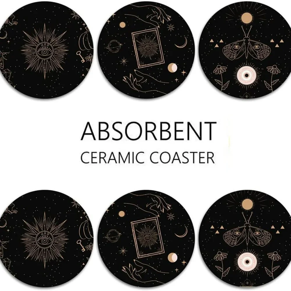 Table Coaster for Drinks Set of 6, Cute Black Mystical Skulls Animals Magic Coff
